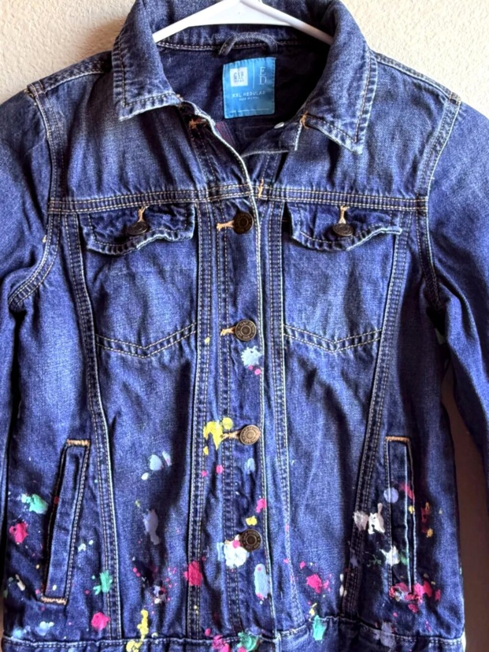 GAP Kids ED Ellen DeGeneres Denim Jacket ARTIST Paint Splatter XXL Regular - Picture 6 of 16